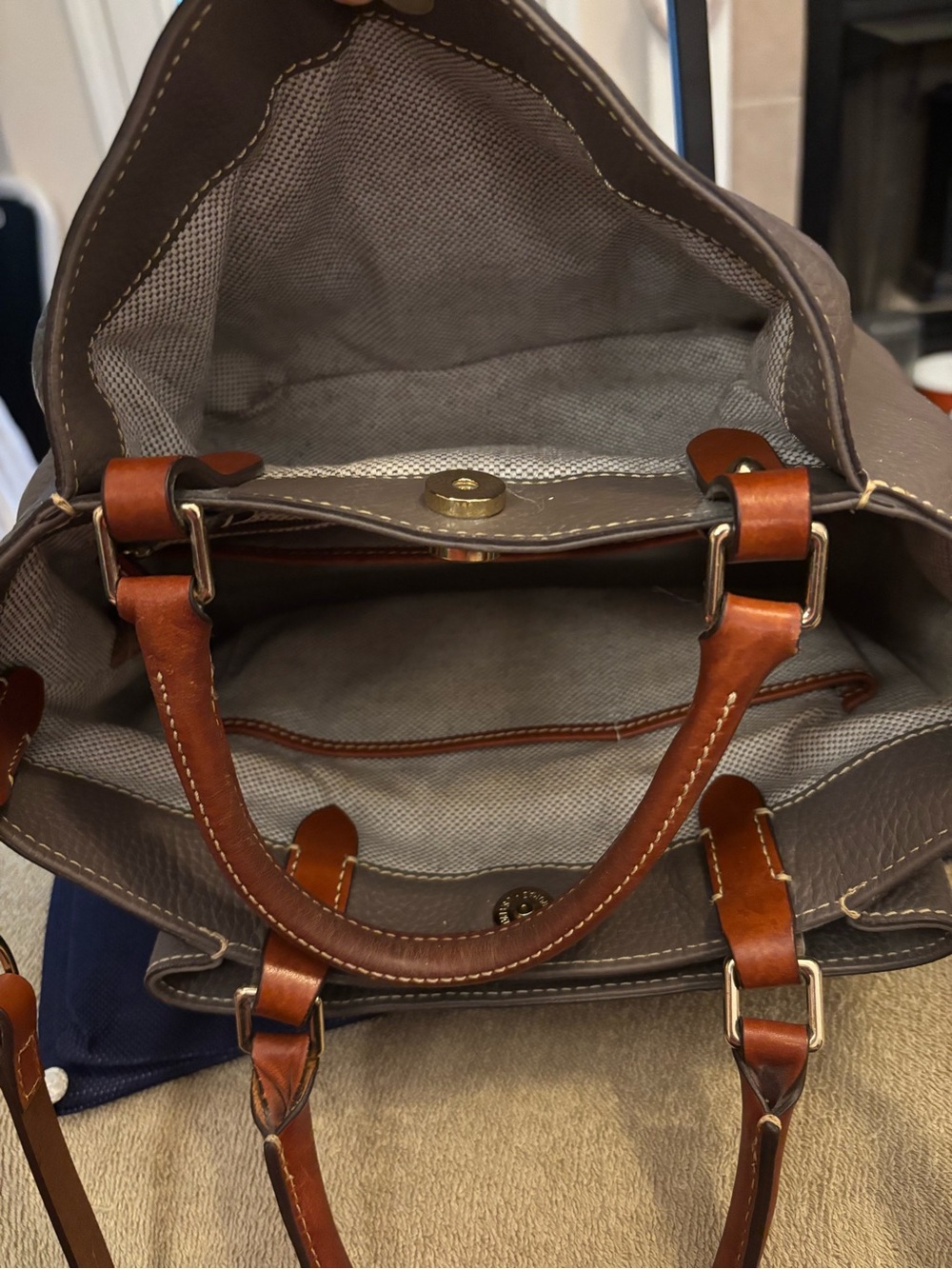 Dooney & Bourke Gray Leather Tote with Brown Trim - Picture 8 of 9